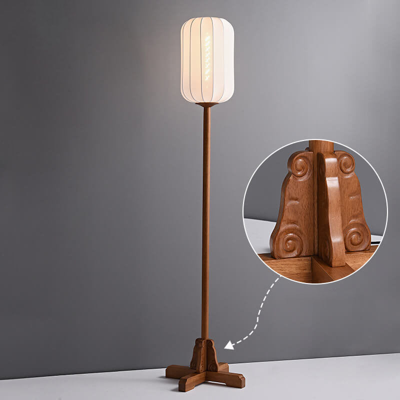 Japanese Zen Rosewood Floor Lamp with Silk Lantern Shade – 1-Light Standing Light, Elegant Home Décor, Asian-Inspired Lighting, Modern Zen Design