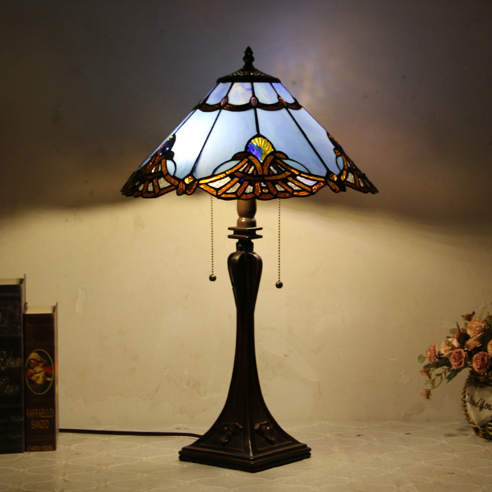 Traditional Tiffany Glass Stained Glass Cone Pull Cord 2-Light Table Lamp for Bedroom, Vintage Tiffany Style Lamp, Stained Glass Decorative Accent Lamp, Retro Bedroom Lighting, Elegant Table Lamp for Nightstand, Artistic Home Decor, Classic Gift Idea for