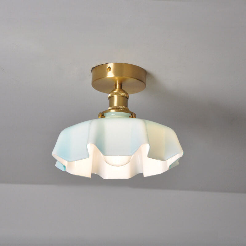 Japanese Vintage Cream Glass Floral Brass Semi-Flush Mount Ceiling Light