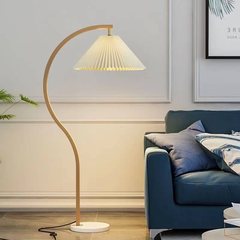 Modern Minimalist Pleated Fabric & Curved Iron 1-Light Floor Lamp for Living Room