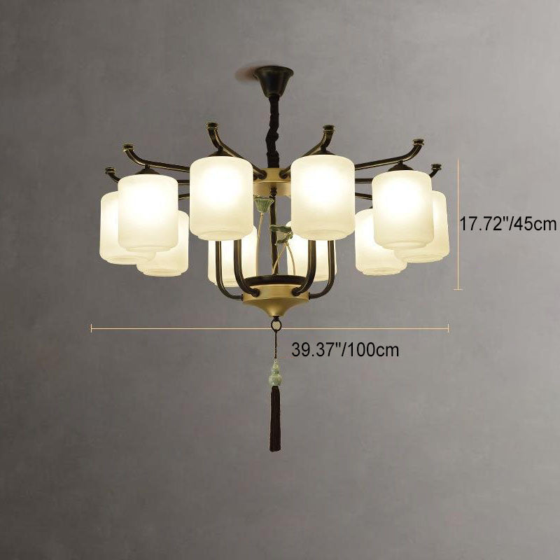 Traditional Chinese Iron Frame Cylinder Glass Shade Chandelier - 6/8/10/12 Lights for Living Room