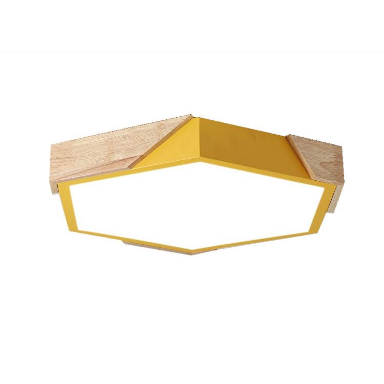 Contemporary Scandinavian Hexagonal Iron Wood Macaron LED Flush Mount Ceiling Light for Bedroom