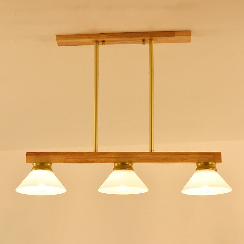 Nordic Solid Wood Cone Glass Shade 3/4 Light Island Chandelier
