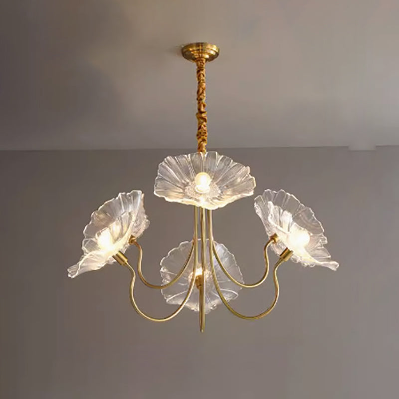 Modern Art Deco Gold Finish Chandelier with Lotus Leaf Glass Shade - 3/6 Lights for Living Room