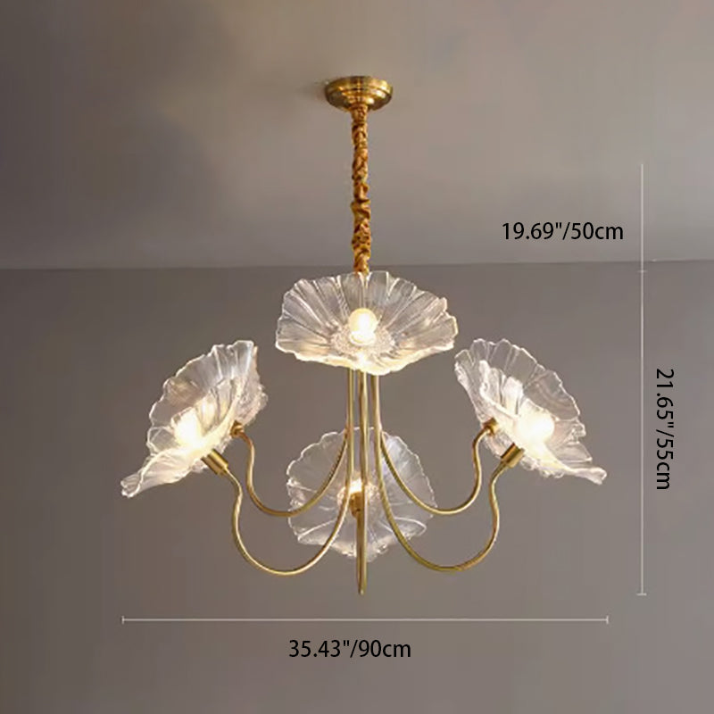 Modern Art Deco Gold Finish Chandelier with Lotus Leaf Glass Shade - 3/6 Lights for Living Room