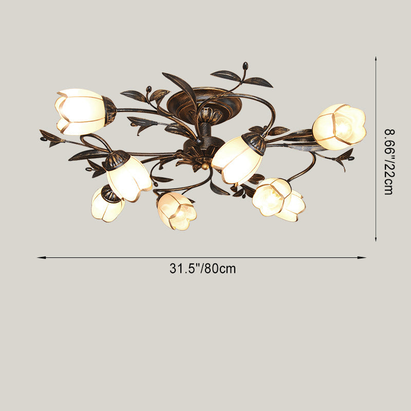 Traditional French Flower Shaped Iron Glass Semi-Flush Mount Ceiling Light for Bedroom - 4/6/8/10/12 Lights