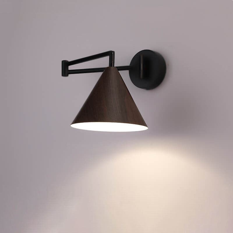 Contemporary Nordic Cone Swing Arm Wall Sconce - Wood Grain Iron 1-Light Lamp for Bedroom