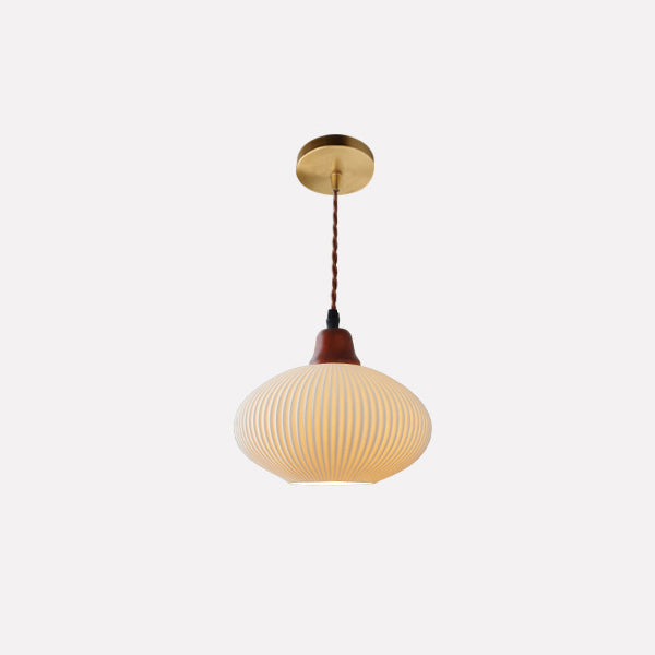 Traditional Japanese Pleated Round Dome Pendant Light - Ceramic & Wood Design for Living Room & Bedroom