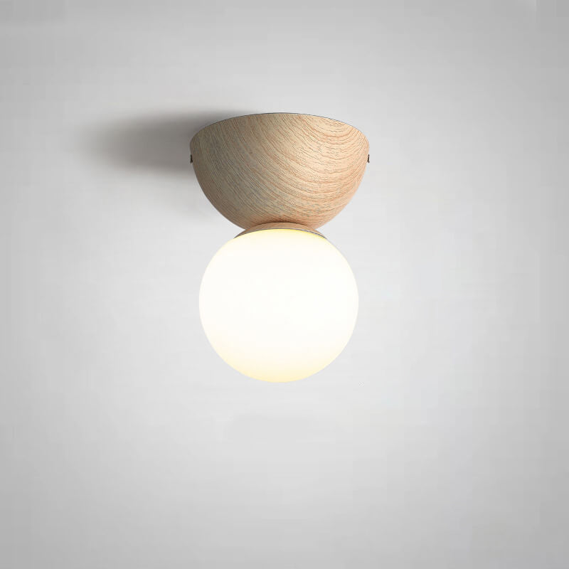 Japanese Minimalist Wood Grain Round Flush Mount Ceiling Light - 1-Light Glass Fixture