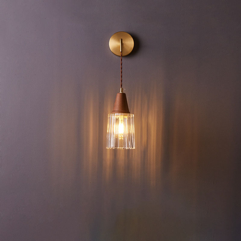 Traditional Japanese Walnut Glass Copper Wall Sconce Lamp 1-Light