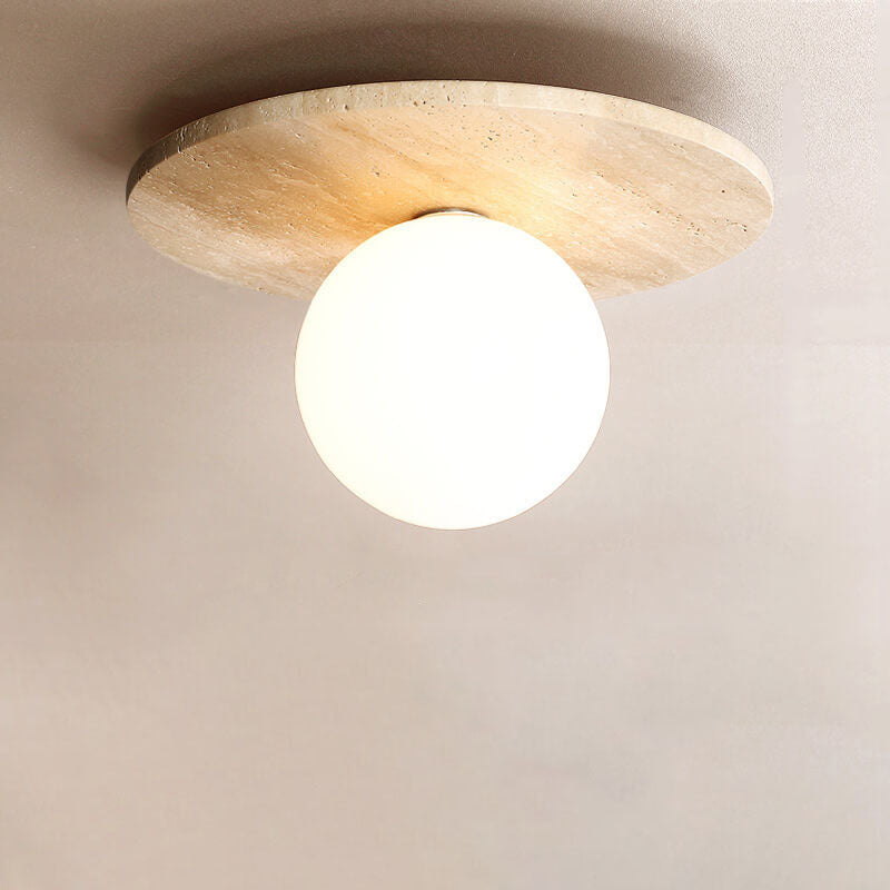 Vintage Round Travertine Flush Mount Ceiling Light - 1-Light Hallway Fixture
