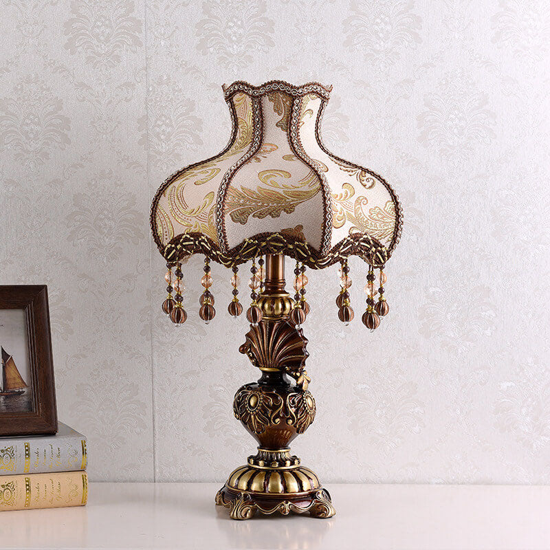 European Vintage Fabric Tassel Resin Court 1-Light Table Lamp – Elegant Home Decor Lighting, Vintage Table Lamp, Fabric Shade Lamp, Boho Chic Decor, Rustic Resin Lamp, Indoor Lighting, Stylish Bedroom Accent, Antique Design, Unique Living Room Lamp, Decor