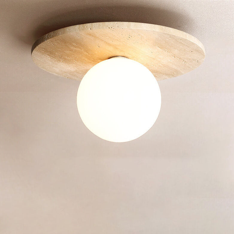 Japanese Minimalist Round Yellow Travertine 1-Light Semi-Flush Mount Ceiling Light