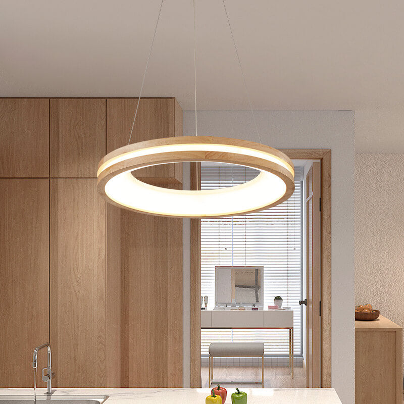 Japanese Simplicity Log Circle Island Light LED Chandelier - Modern Minimalist Lighting Fixture for Kitchen and Dining Rooms, Energy Efficient Design, Adjustable Height, Warm White Illumination