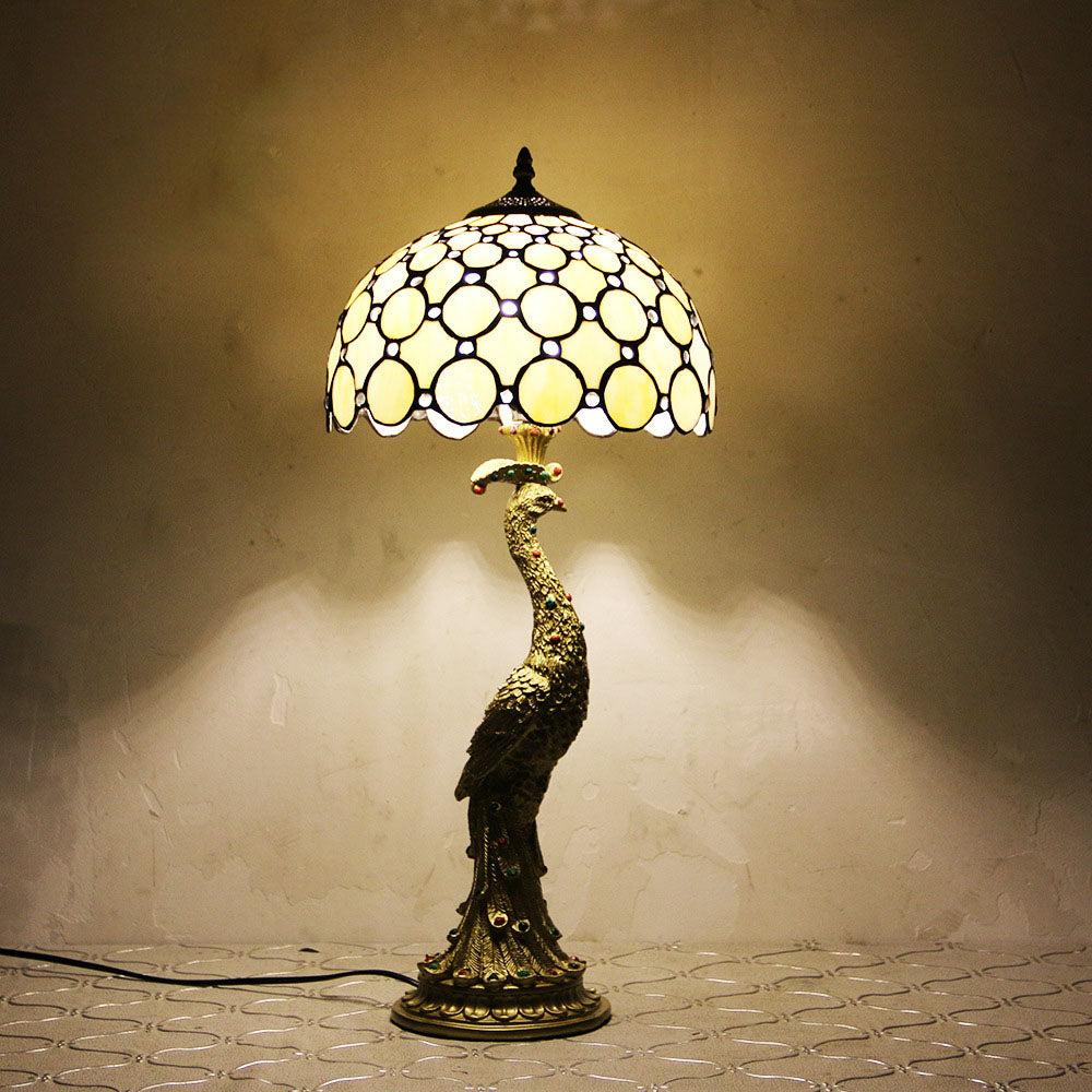 Traditional Tiffany Peacock Gem Dome Glass Resin 1-Light Table Lamp for Living Room Bedroom Decorative Lighting Vintage Home Decor Unique Gift Accent Lamp Craftsmanship Handcrafted Stained Glass Art Light Fixture Classic Design Cozy Atmosphere Bedroom Liv