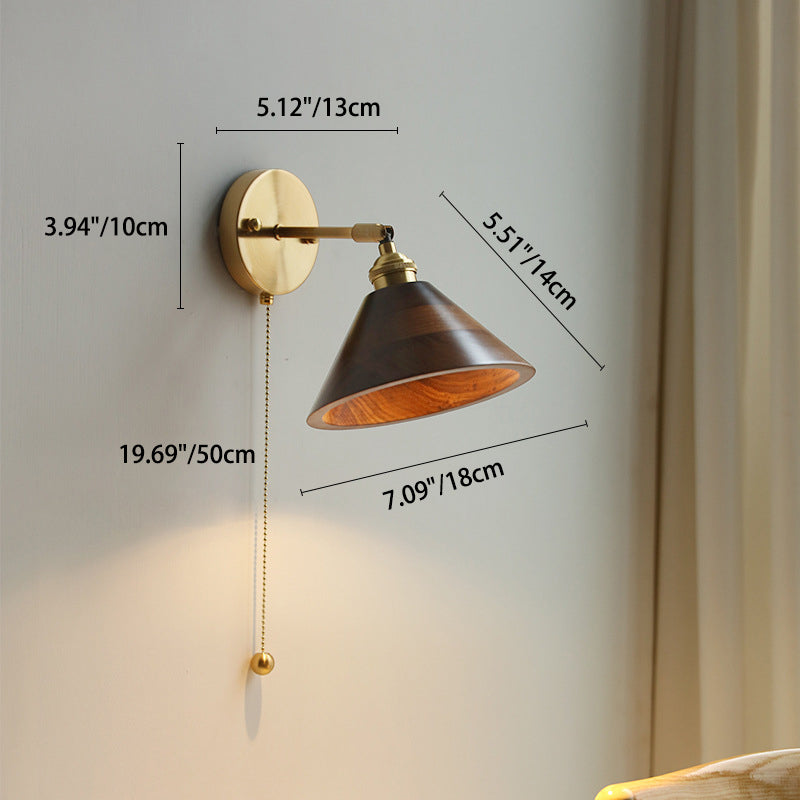 Contemporary Scandinavian Copper Wood 1-Light Wall Sconce for Bedroom  

Illuminate your bedroom with this stylish Scandinavian-inspired wall sconce. The unique round cone design combines warm copper and natural wood for a modern touch. This 1-light fixtu