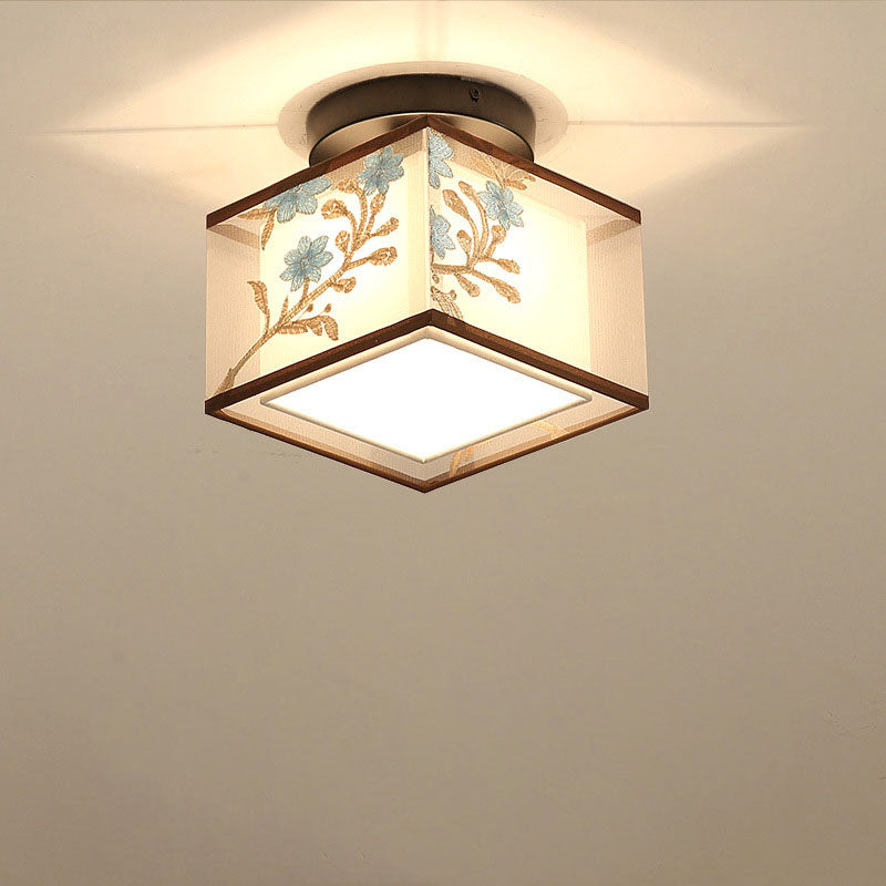 Traditional Chinese Square Iron Semi-Flush Mount Ceiling Light for Hallway