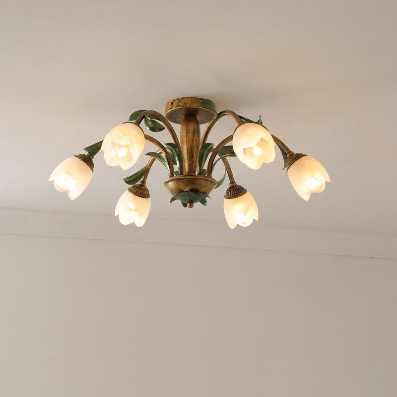 Traditional Rustic Floral Iron Glass Semi-Flush Mount Ceiling Light for Living Room - 6/8/10 Light Options