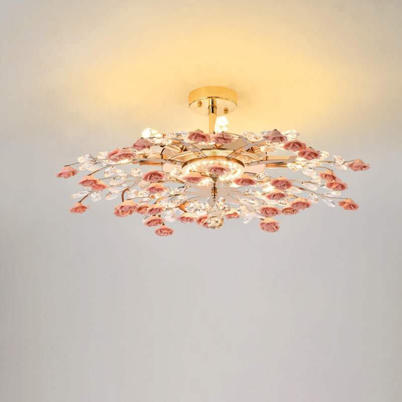 Modern Luxury Rose Iron Ceramic Crystal Chandelier 6/7/8 Light