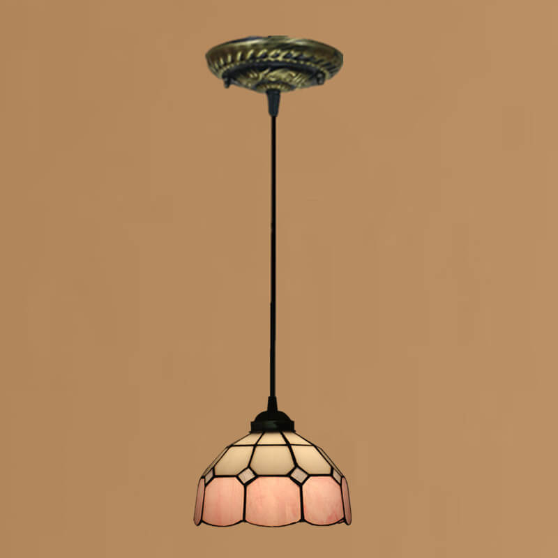 Traditional Tiffany Stained Glass Pendant Light for Living Room, Round 1-Light Iron Dome Shade