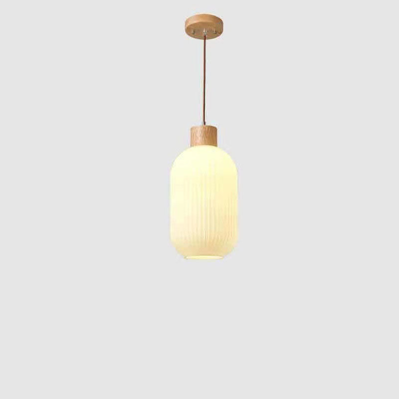 Traditional Japanese Solid Wood Strip Glass Jar Pendant Light for Living Room, 1/2/3 Light Island Fixture