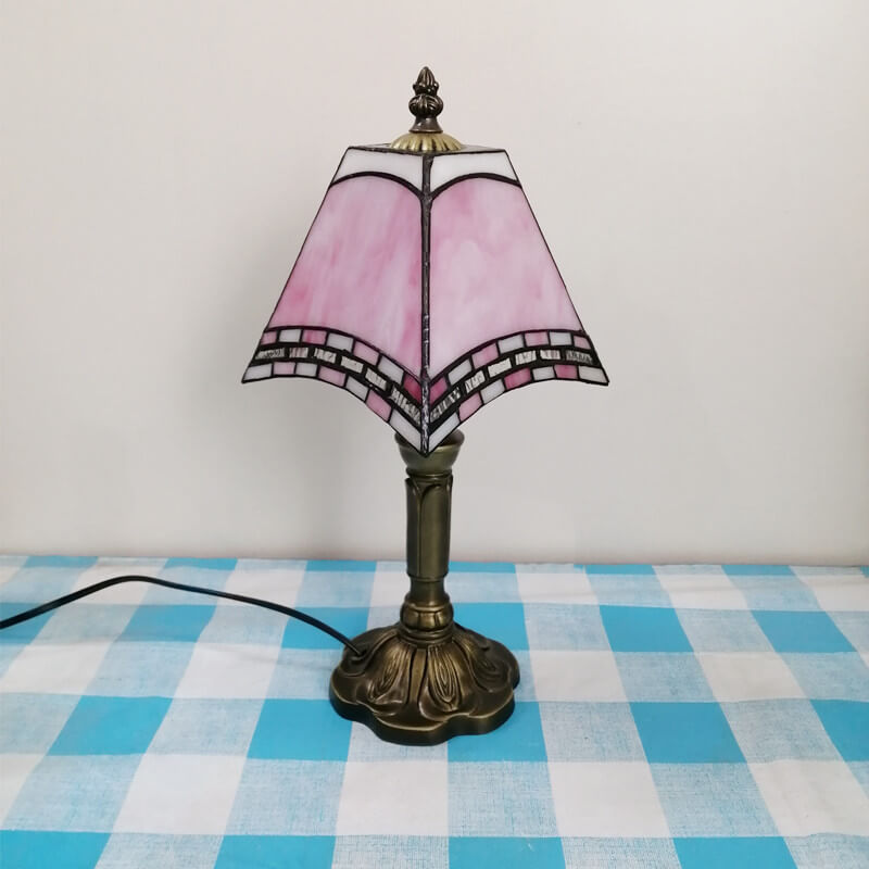 Traditional Tiffany Square Stained Glass Table Lamp - 1-Light Iron Fixture for Bedroom Decor
