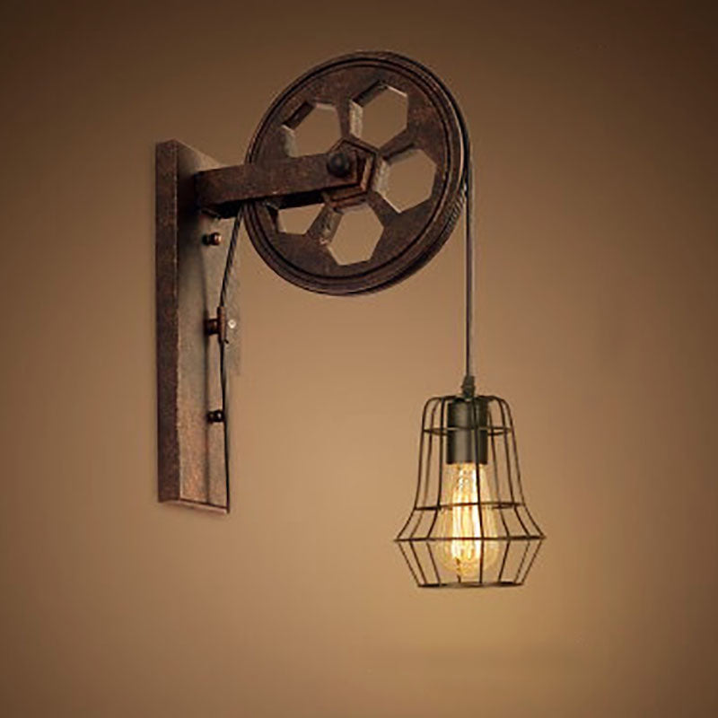 Vintage Industrial Pulley Wall Sconce - 1-Light Iron Lamp