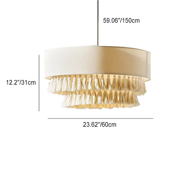 Contemporary Boho 3-Light Chandelier - Fabric Shade with Tassel & Braided Rope for Living Room