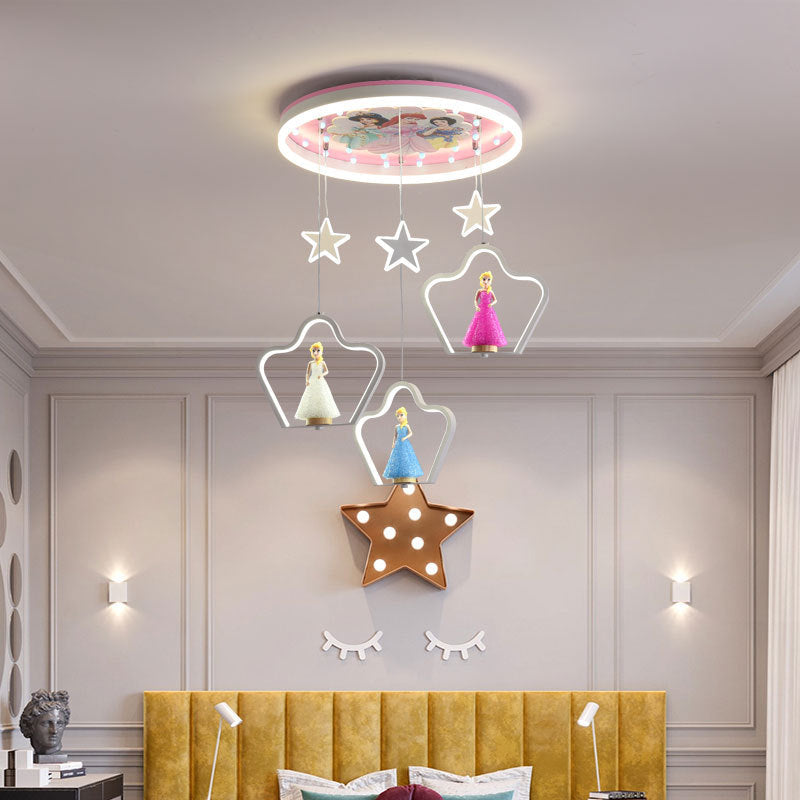 Contemporary Cartoon Princess Elsa Acrylic Round Shade LED Flush Mount Ceiling Light for Kids Bedroom, Frozen Themed Lighting, Decorative Fixture, Cute Ceiling Lamp, LED Light for Girls Room, Stylish Nursery Decor, Childrens Room Illumination, Magical Bed