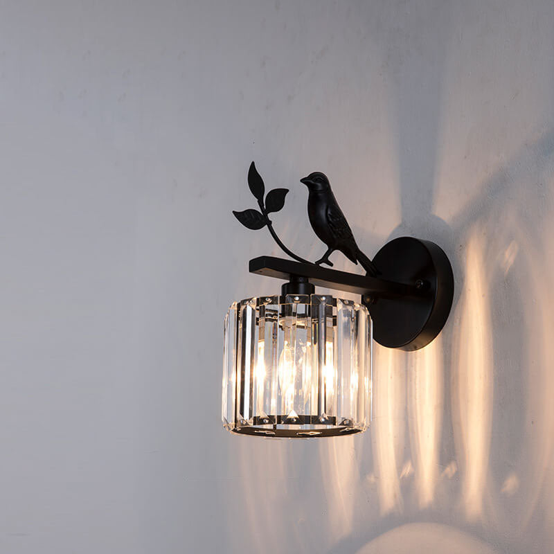 Vintage Iron Glass Round Bird Wall Sconce Lamp - 1-Light for Living Room