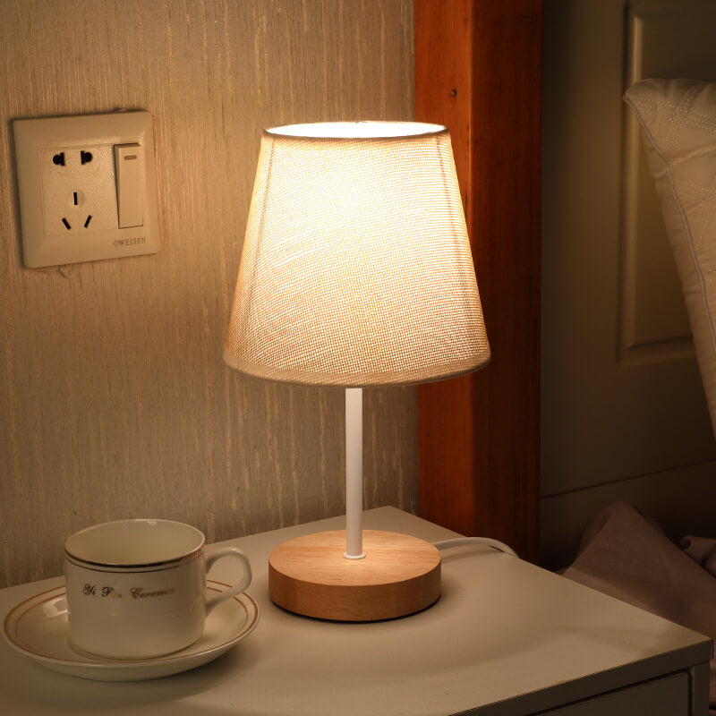 Contemporary Nordic Solid Wood Fabric Cone LED Table Lamp for Living Room Bedroom Modern Minimalist Nightstand Lighting Scandinavian Design Eco-Friendly Decor Stylish Illumination Home Lighting Solutions Plug-in Lamp Adjustable Brightness Trendy Accent La