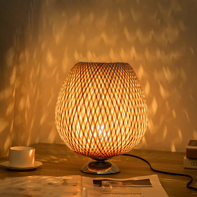 Traditional Chinese Moso Bamboo Wood Iron Weaving Oval Round 1-Light Table Lamp Bedroom Decor, Asian Style Bedside Lighting, Eco-Friendly Bamboo Lamp, Elegant Home Accent, Unique Lighting Design for Nightstand, Modern Chinese Decor, Artisanal Handmade Lam
