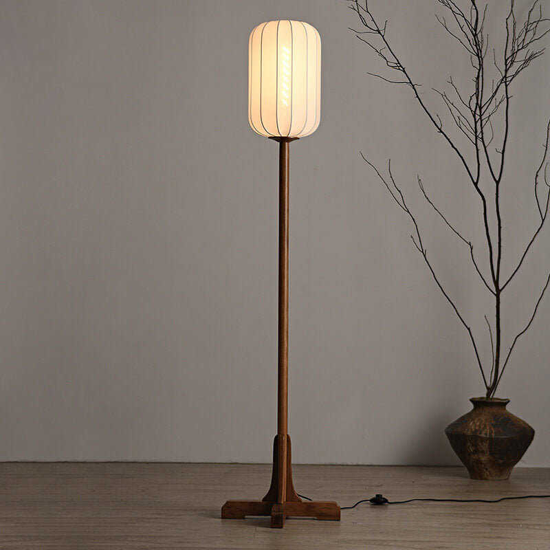 Japanese Zen Rosewood Floor Lamp with Silk Lantern Shade – 1-Light Standing Light, Elegant Home Décor, Asian-Inspired Lighting, Modern Zen Design