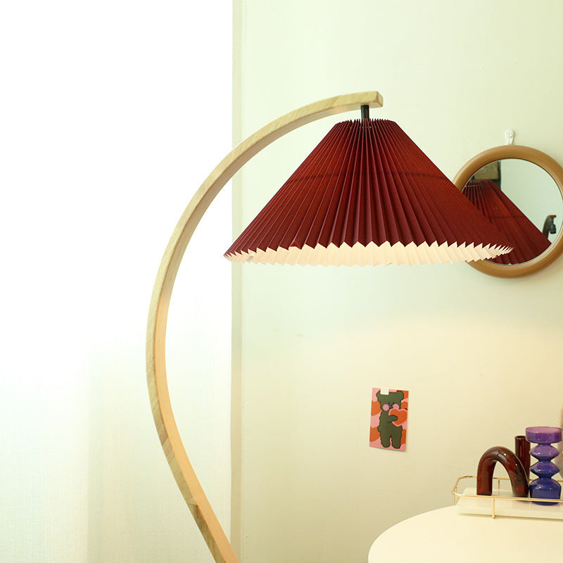 Traditional Japanese Pleated Cone Floor Lamp with Arc Wood Pole - 1-Light Design for Home Office Decor