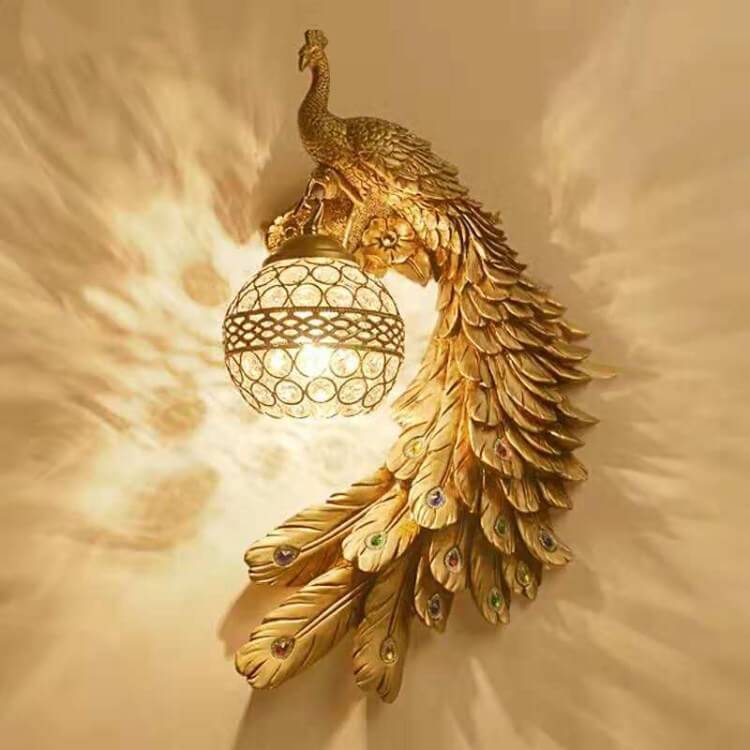 Vintage Ornate Peacock Crystal Ball Wall Sconce Lamp 1-Light