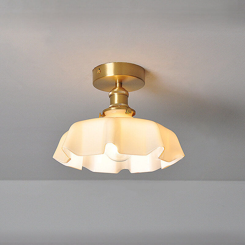 Japanese Vintage Cream Glass Floral Brass Semi-Flush Mount Ceiling Light