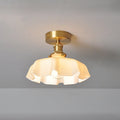 Japanese Vintage Cream Glass Floral Brass Semi-Flush Mount Ceiling Light