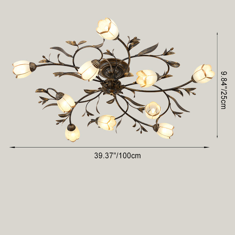 Traditional French Flower Shaped Iron Glass Semi-Flush Mount Ceiling Light for Bedroom - 4/6/8/10/12 Lights