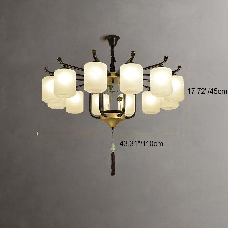 Traditional Chinese Iron Frame Cylinder Glass Shade Chandelier - 6/8/10/12 Lights for Living Room