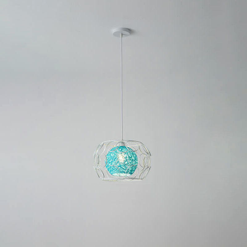 Modern Hemp Ball Pendant Light - Minimalist Iron Drum Fixture for Living Room