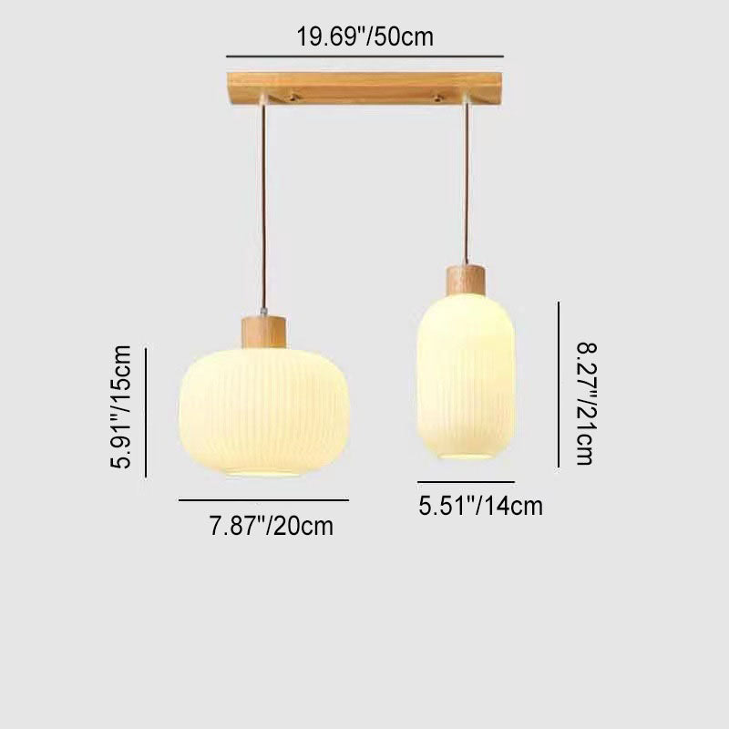 Traditional Japanese Solid Wood Strip Glass Jar Pendant Light for Living Room, 1/2/3 Light Island Fixture
