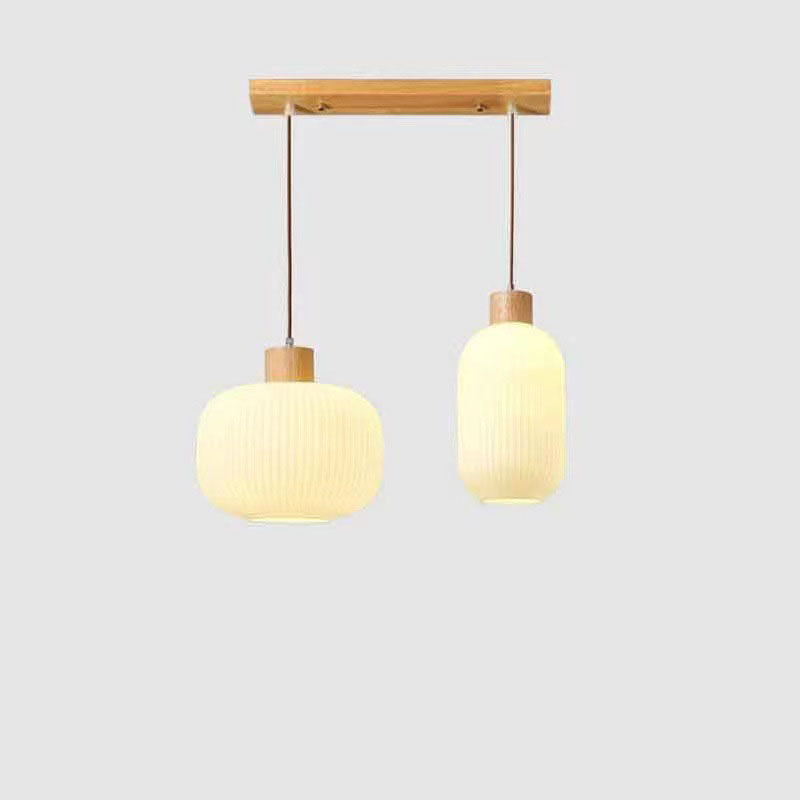 Traditional Japanese Solid Wood Strip Glass Jar Pendant Light for Living Room, 1/2/3 Light Island Fixture