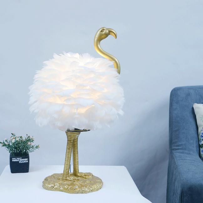 Contemporary Nordic Goose Feather Metal Flamingo Ball 1-Light Table Lamp for Bedside, Modern Accent Lighting, Decorative Bedroom Lamp, Unique Home Decor, Stylish Nightstand Light, Chic Flamingo Design, Soft Ambient Glow, Artful Lighting Fixture