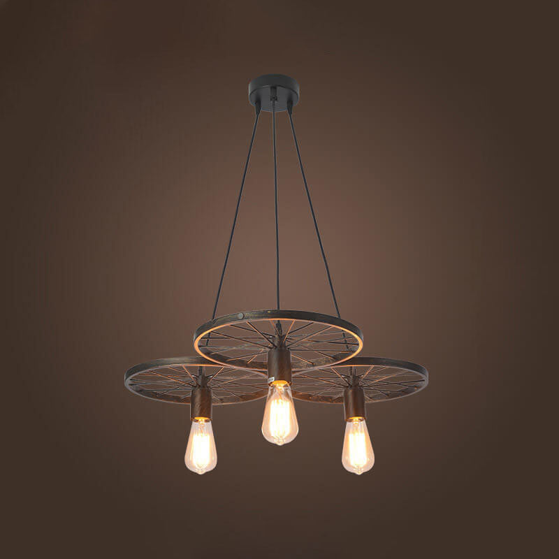 Industrial Wrought Iron Wheels Chandelier - 1/3/6 Light Vintage Lighting Fixture

Elevate your space with this stunning industrial chandelier featuring wrought iron wheels. Perfect for dining rooms, living areas, or entryways, this versatile fixture is av