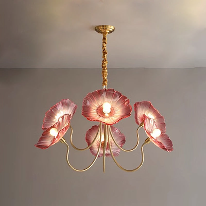 Modern Art Deco Gold Finish Chandelier with Lotus Leaf Glass Shade - 3/6 Lights for Living Room