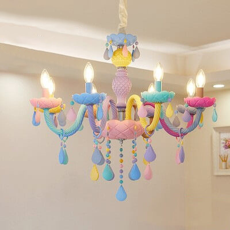 Modern Children's Princess Macaroon Candelabra Crystal Glass Chandelier 5/6/8/10/12/15 Light Fixture Elegant Decorative Lighting for Kids Room, Nursery, Playroom, Birthday Parties, Home Decor, Glamorous Princess Theme, Adjustable Hanging, Twinkling Illumi