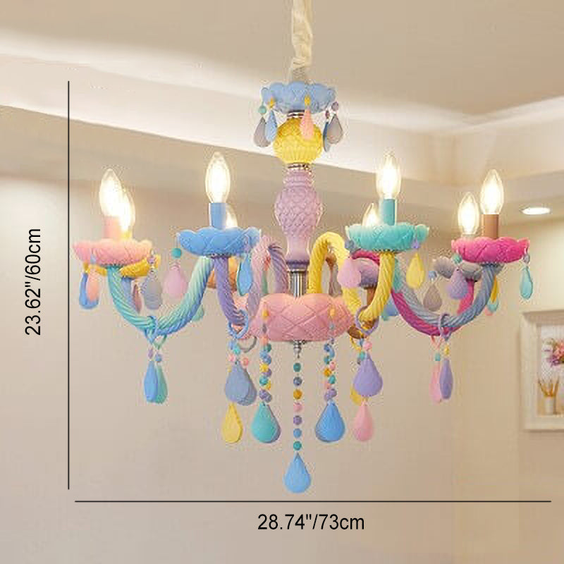 Modern Children's Princess Macaroon Candelabra Crystal Glass Chandelier 5/6/8/10/12/15 Light Fixture Elegant Decorative Lighting for Kids Room, Nursery, Playroom, Birthday Parties, Home Decor, Glamorous Princess Theme, Adjustable Hanging, Twinkling Illumi