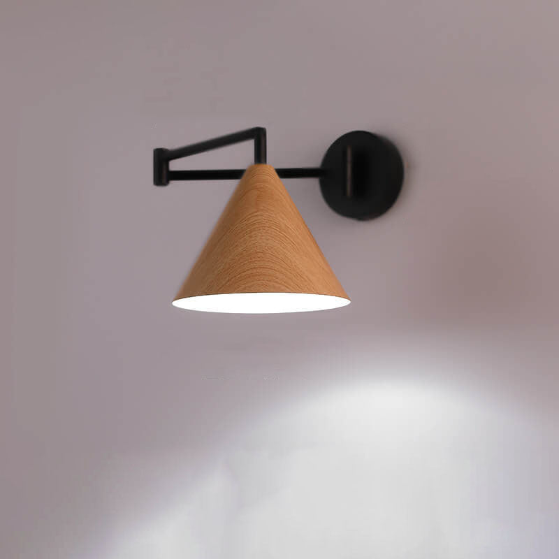 Contemporary Nordic Cone Swing Arm Wall Sconce Lamp - Wood Grain Iron 1-Light for Bedroom