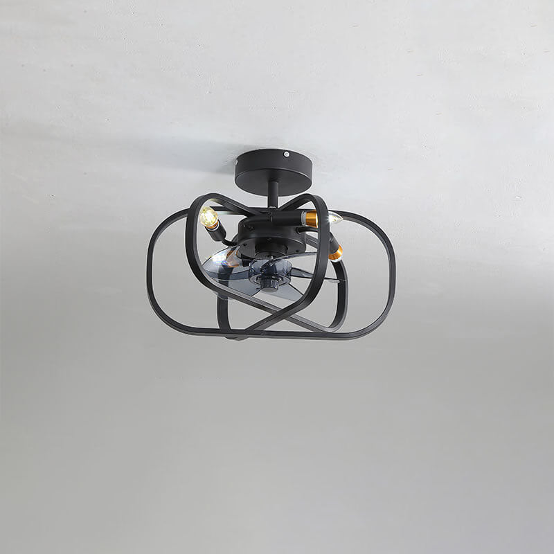 Industrial Minimalist Copper Iron Semi-Flush Mount Ceiling Fan Light - 4-Light Round Square Design