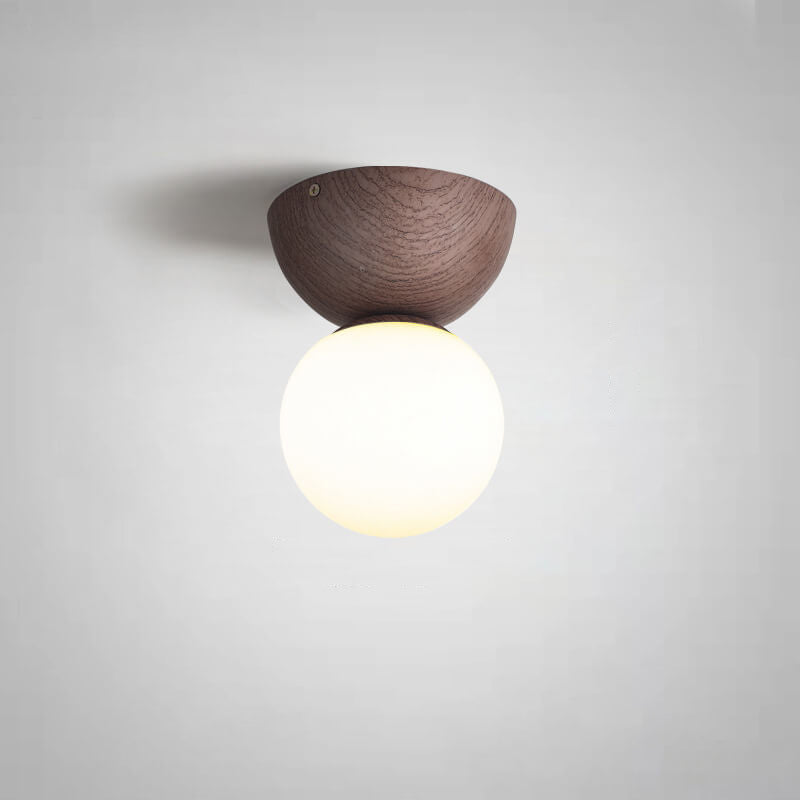Japanese Minimalist Wood Grain Round Flush Mount Ceiling Light - 1-Light Glass Fixture